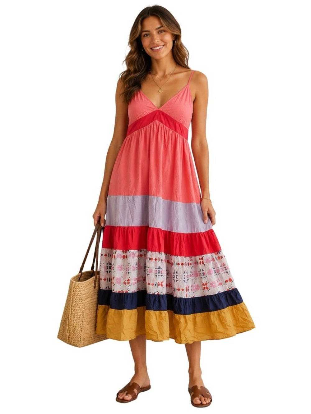 Johnny Was Dress Women Medium Pink 100% Silk Tiered Mixed Print V-Neck Midi Boho